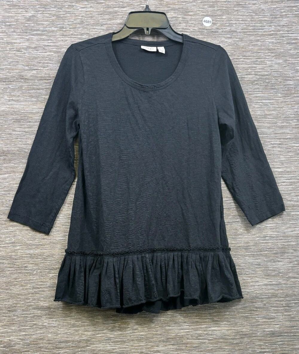 LOGO by Lori Goldstein Cotton Slub Knit Top with Pleated Hem Sz S Black A286939